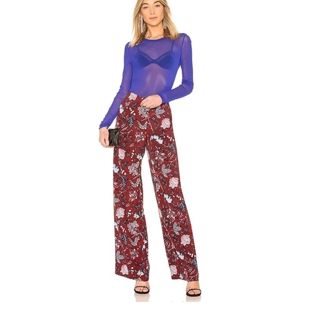 Diane Von Furstenberg Canton Brodeaux Silk Floral Pant Trouser Red Stretch Summe